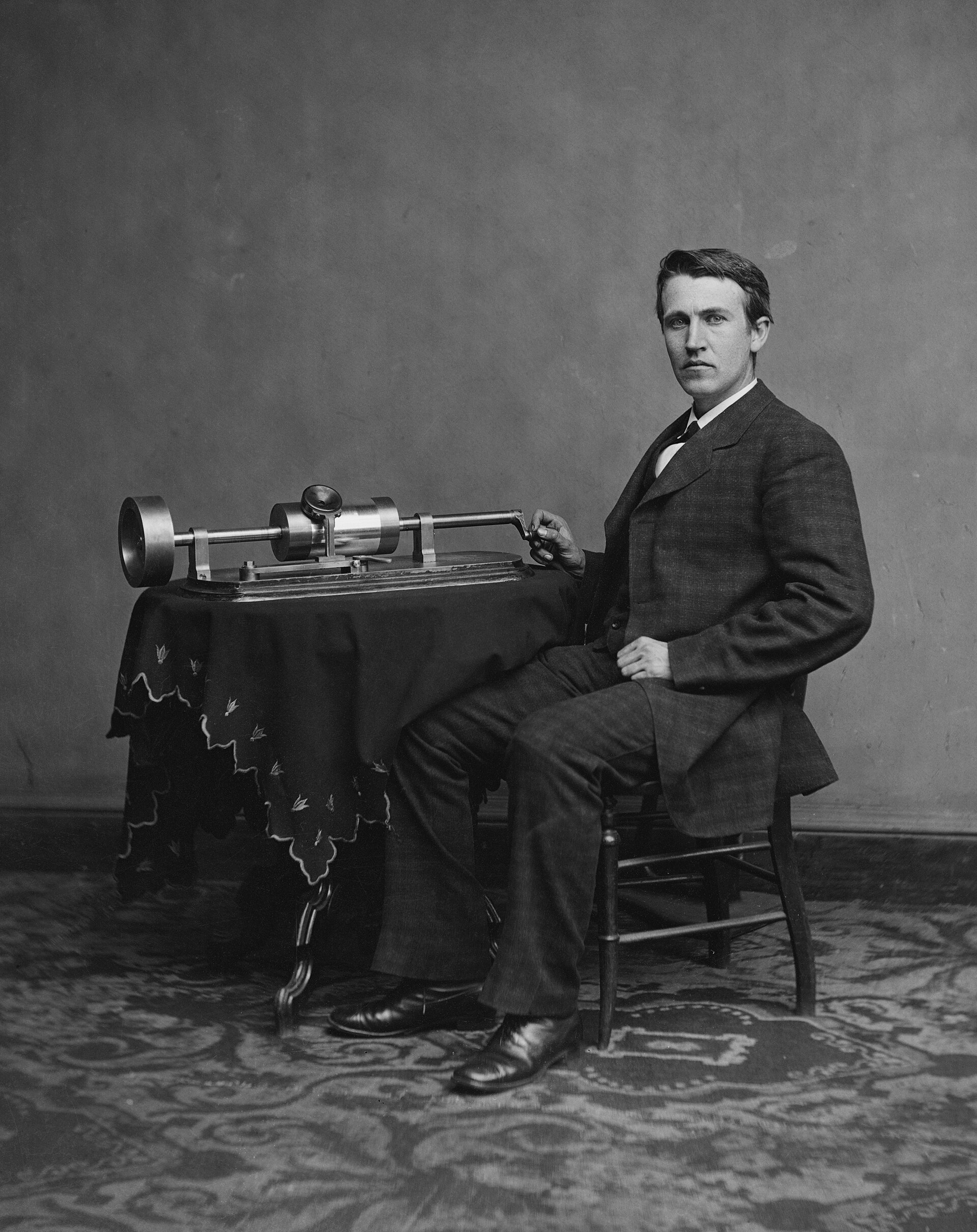 Demonstrates phonograph at Mount St. Vincent